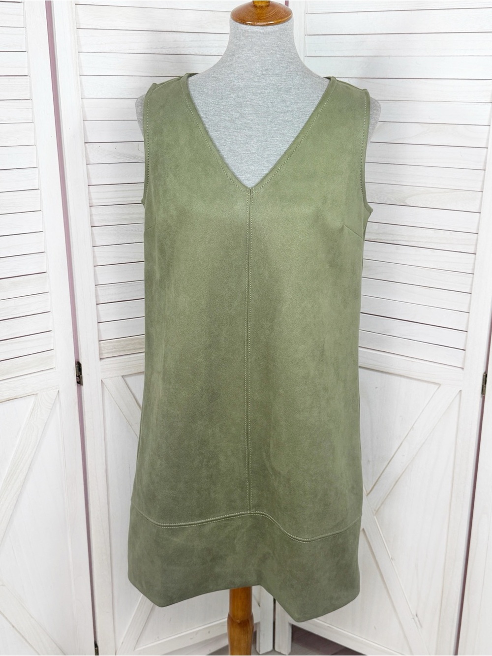 Loft Faux Suede V Neck Jumper Shift Mini Dress Olive Green 8 Tall Sleeveless